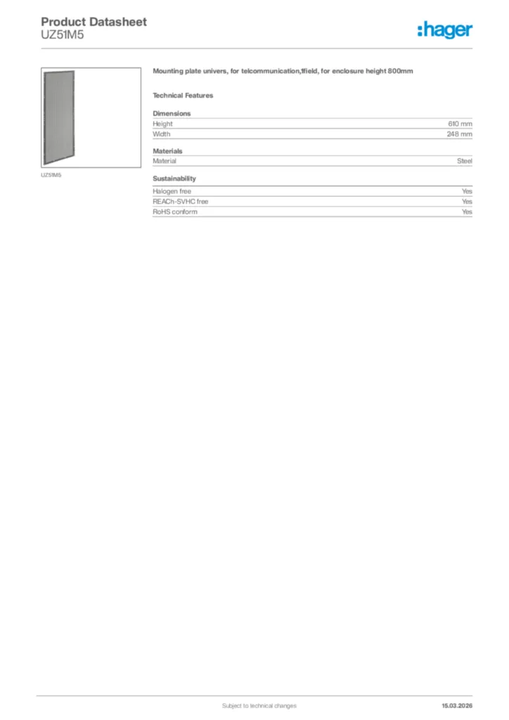 Image Hager Product data sheet UZ51M5  | Hager Africa