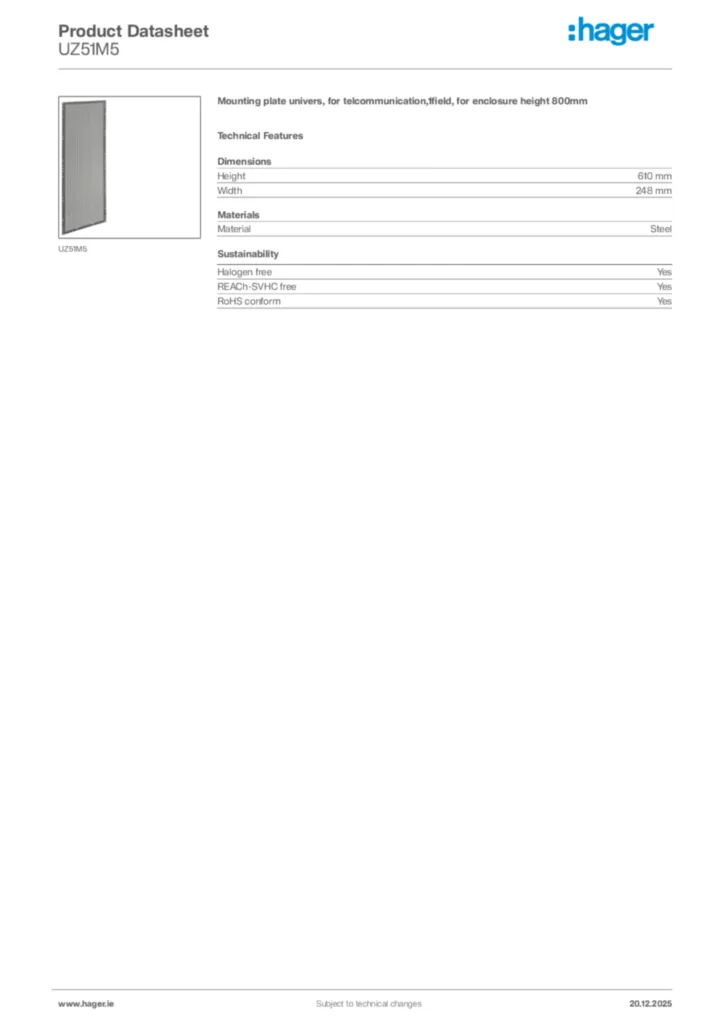 Image Hager Product data sheet UZ51M5  | Hager