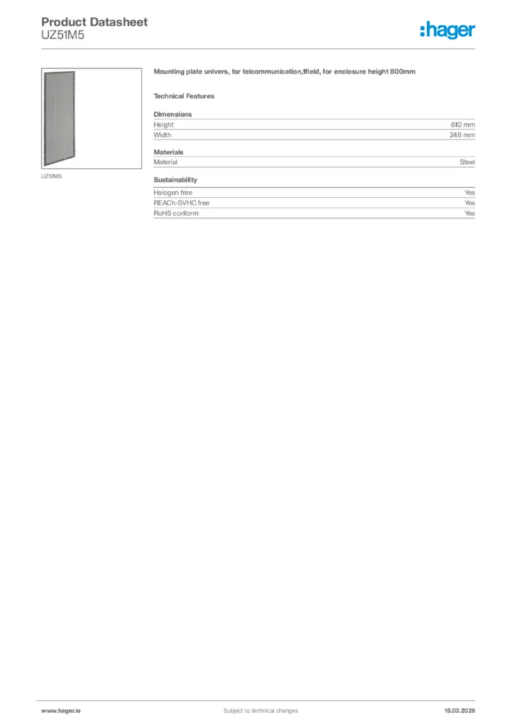Image Hager Product data sheet UZ51M5  | Hager