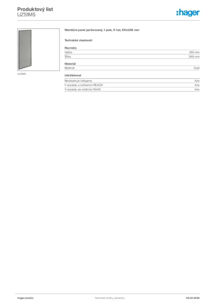 Obrázek Hager Product data sheet UZ51M5 | Hager