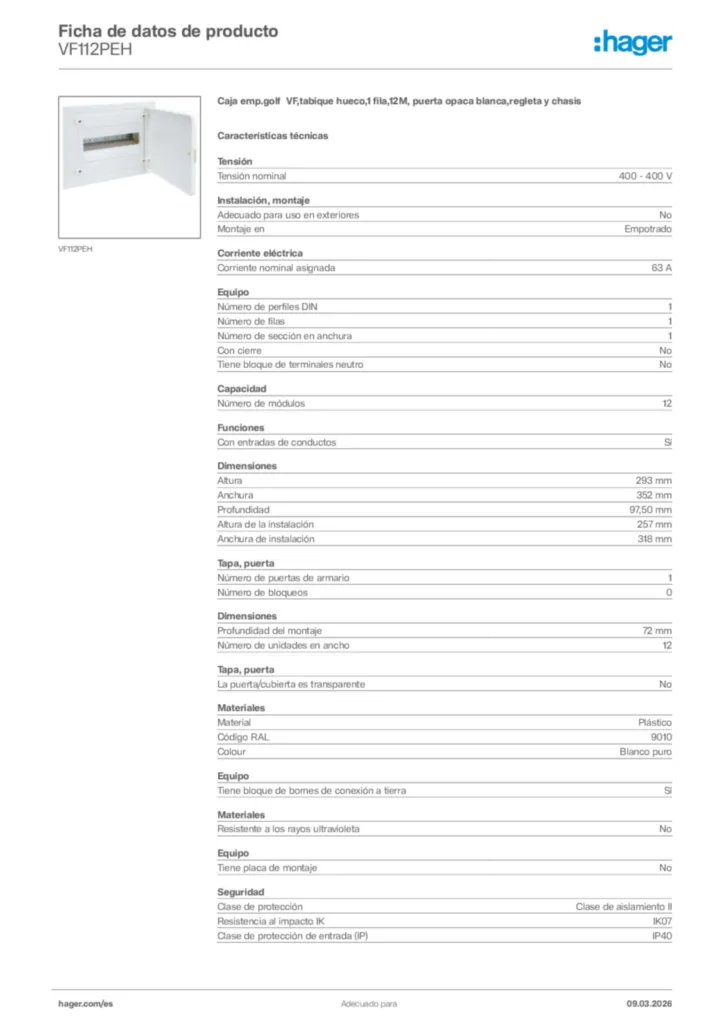 Imagen Hager Ficha de datos de producto VF112PEH | Hager España