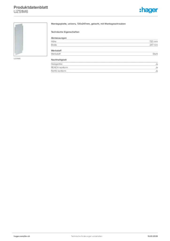 Bild Hager Produktdatenblatt UZ51M6 | Hager Schweiz