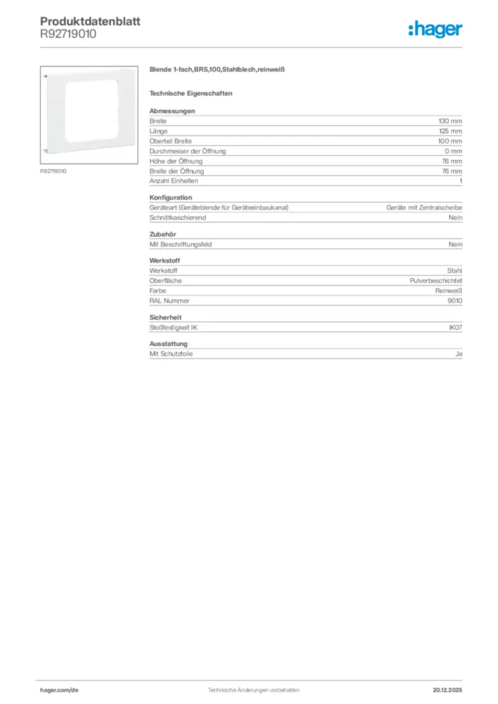 Bild Hager Produktdatenblatt R92719010 | Hager Deutschland