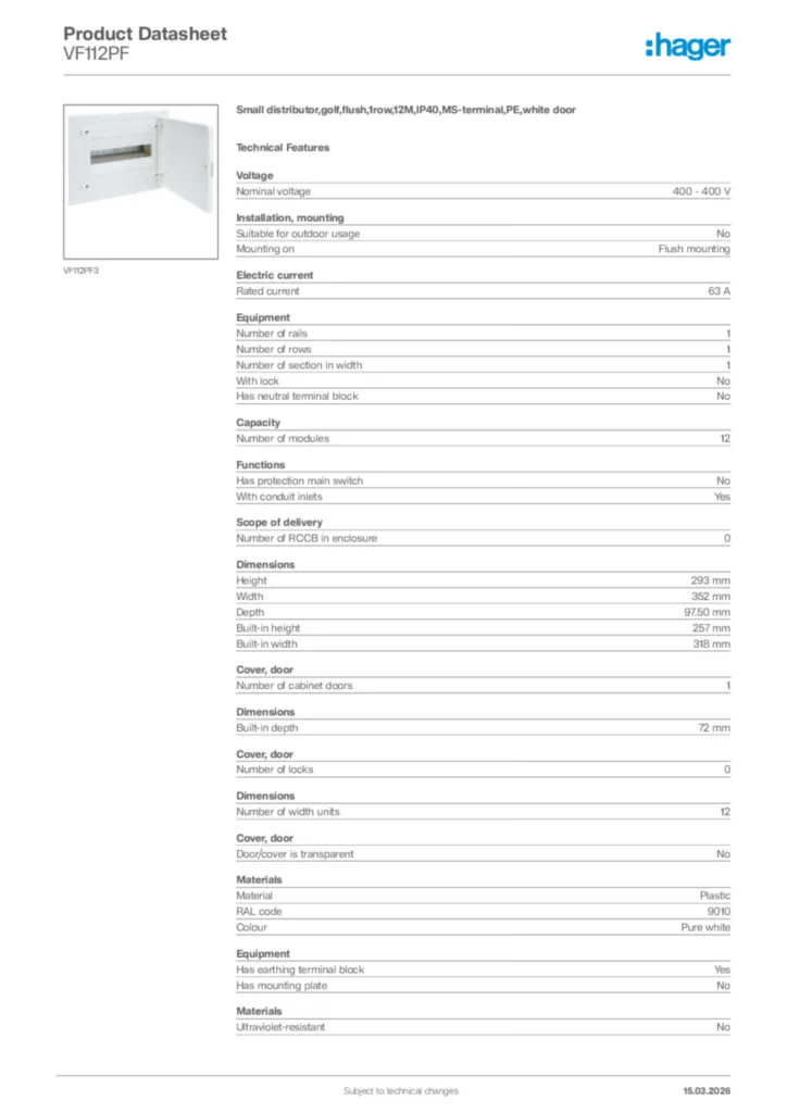 Image Hager Product data sheet VF112PF  | Hager Africa