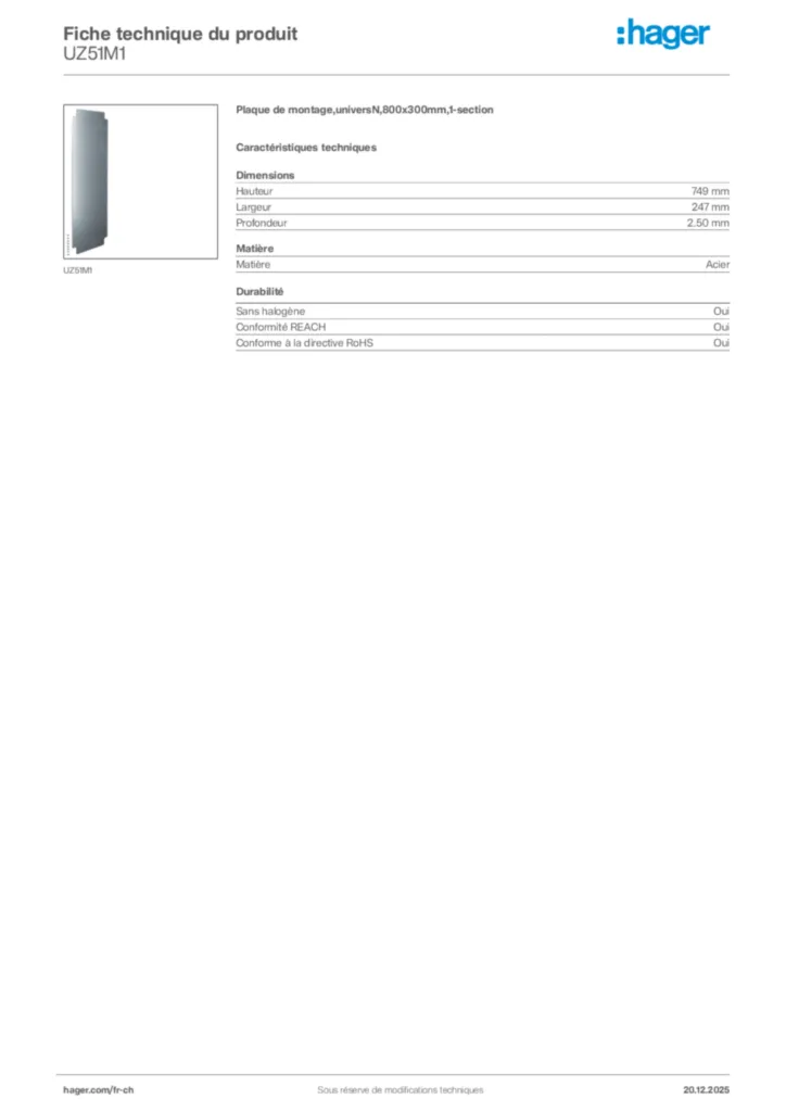 Image Hager Fiche technique du produit UZ51M1 | Hager Suisse
