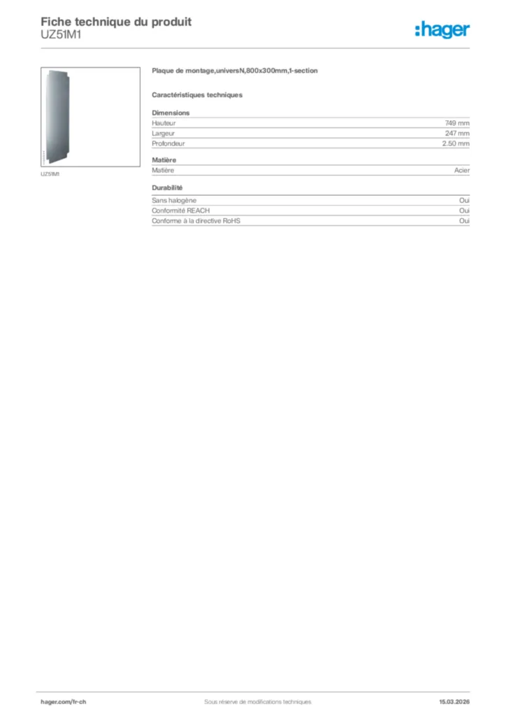 Image Hager Fiche technique du produit UZ51M1 | Hager Suisse