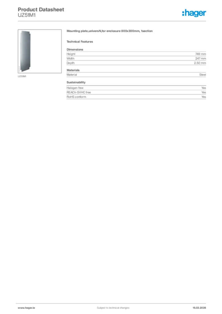 Image Hager Product data sheet UZ51M1  | Hager