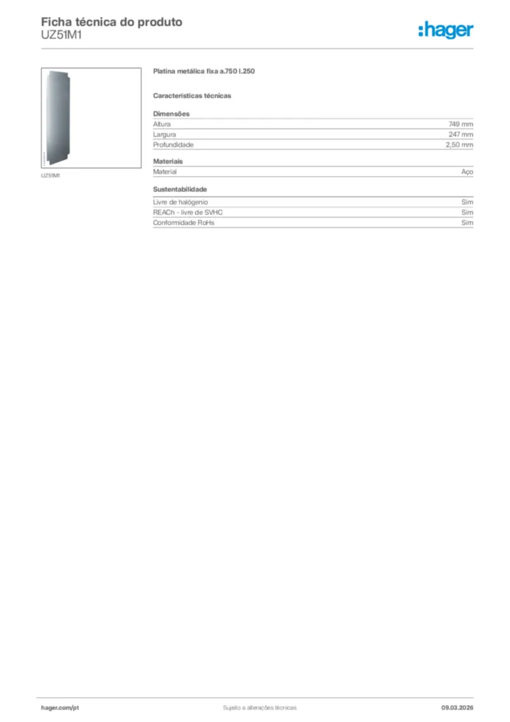 Imagem Hager Ficha técnica do produto UZ51M1 | Hager Portugal