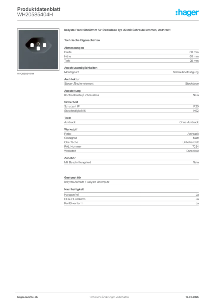 Bild Hager Produktdatenblatt WH20585404H | Hager Schweiz