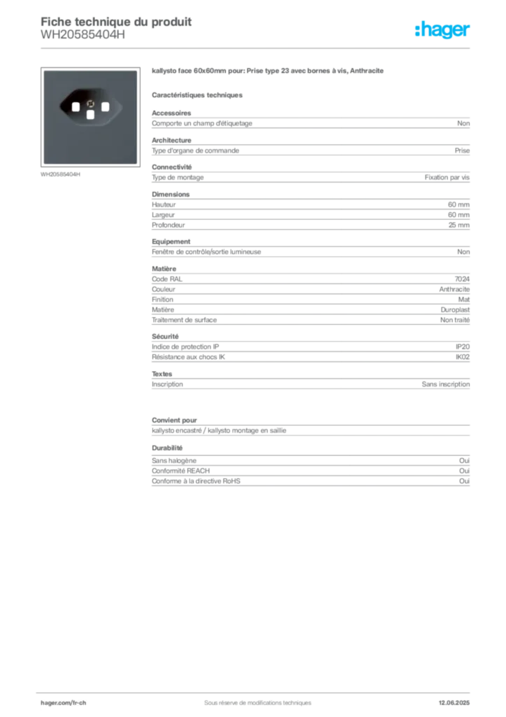 Image Hager Fiche technique du produit WH20585404H | Hager Suisse