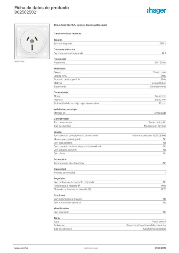 Imagen Hager Ficha de datos de producto 962562502 | Hager España