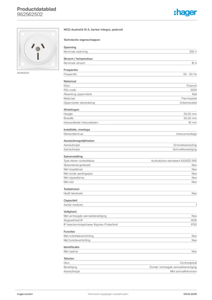 Afbeelding Hager Productdatablad 962562502 | Hager Nederland