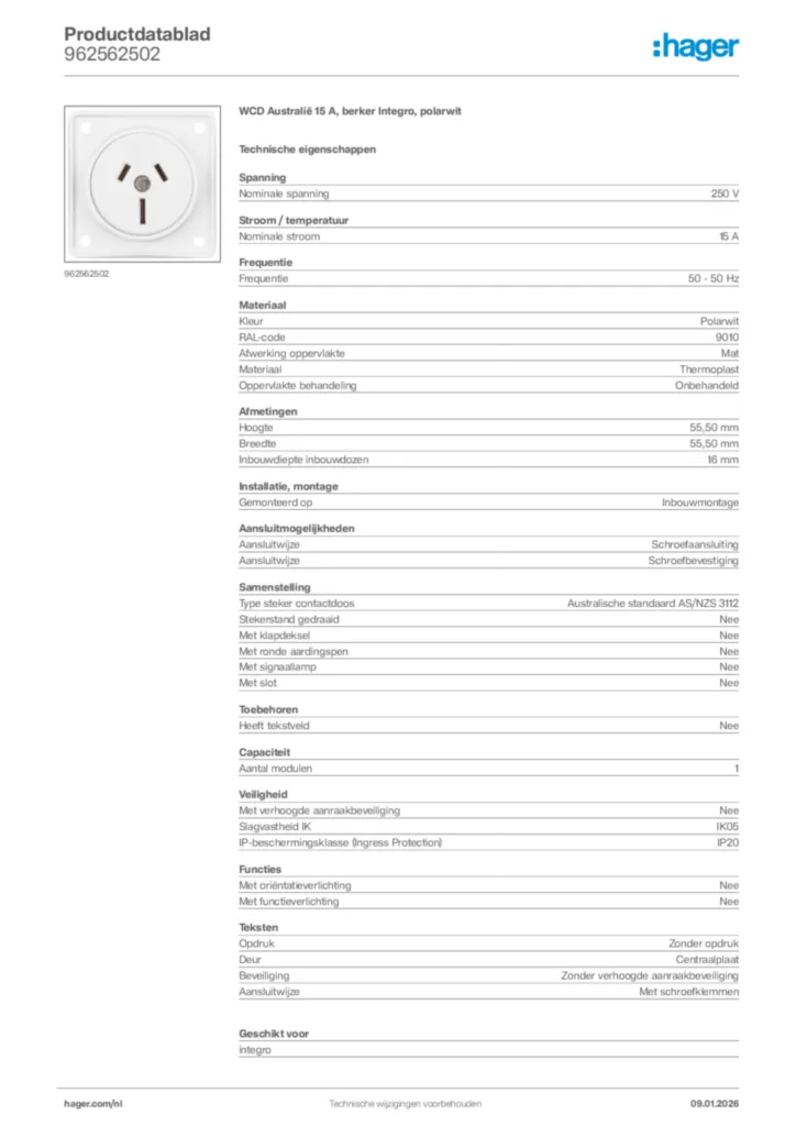 Afbeelding Hager Productdatablad 962562502 | Hager Nederland