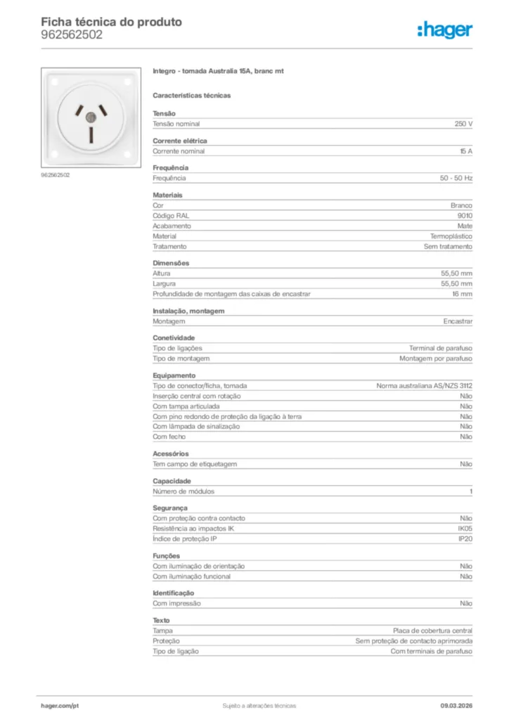 Imagem Hager Ficha técnica do produto 962562502 | Hager Portugal