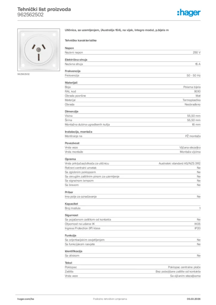 Slika Hager Tehnički list proizvoda 962562502  | Hager