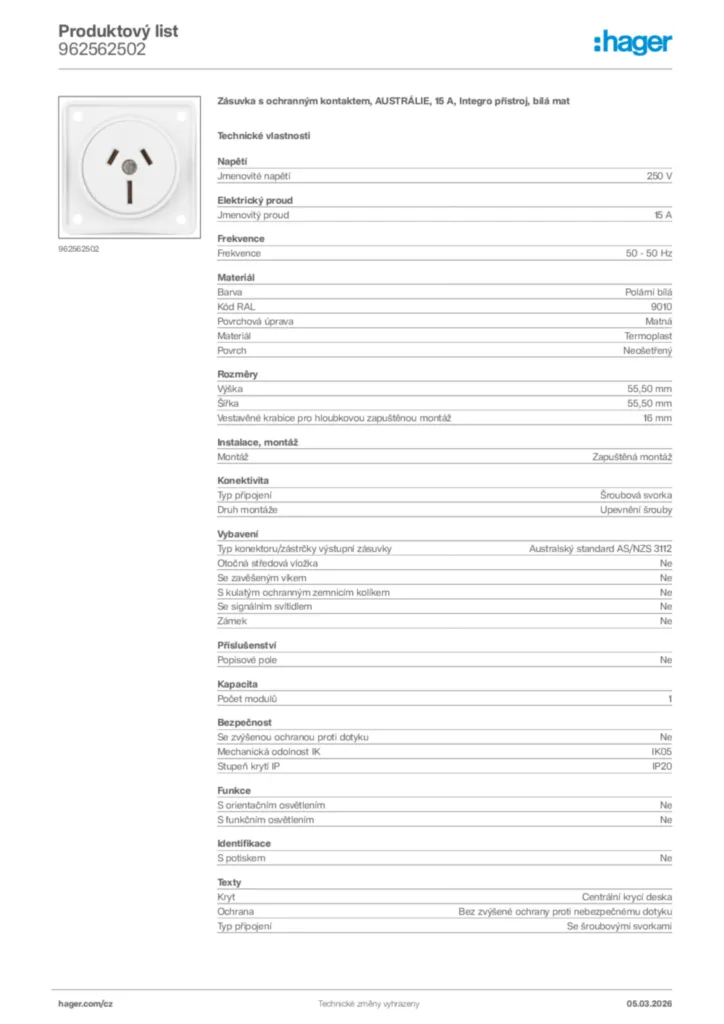 Obrázek Hager Product data sheet 962562502 | Hager