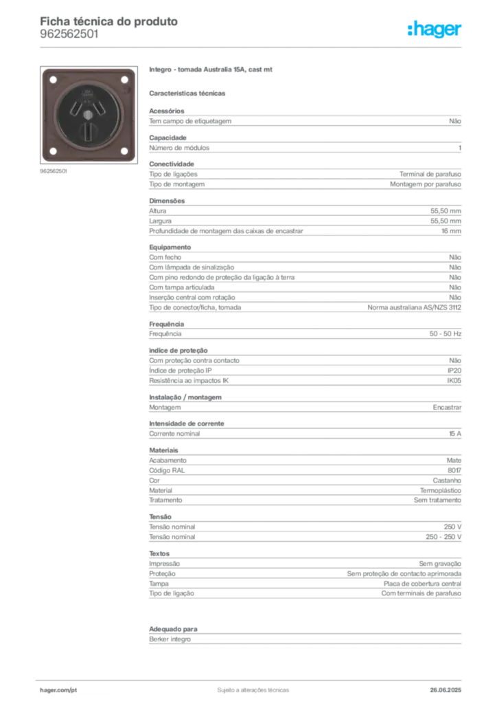 Imagem Hager Ficha técnica do produto 962562501 | Hager Portugal