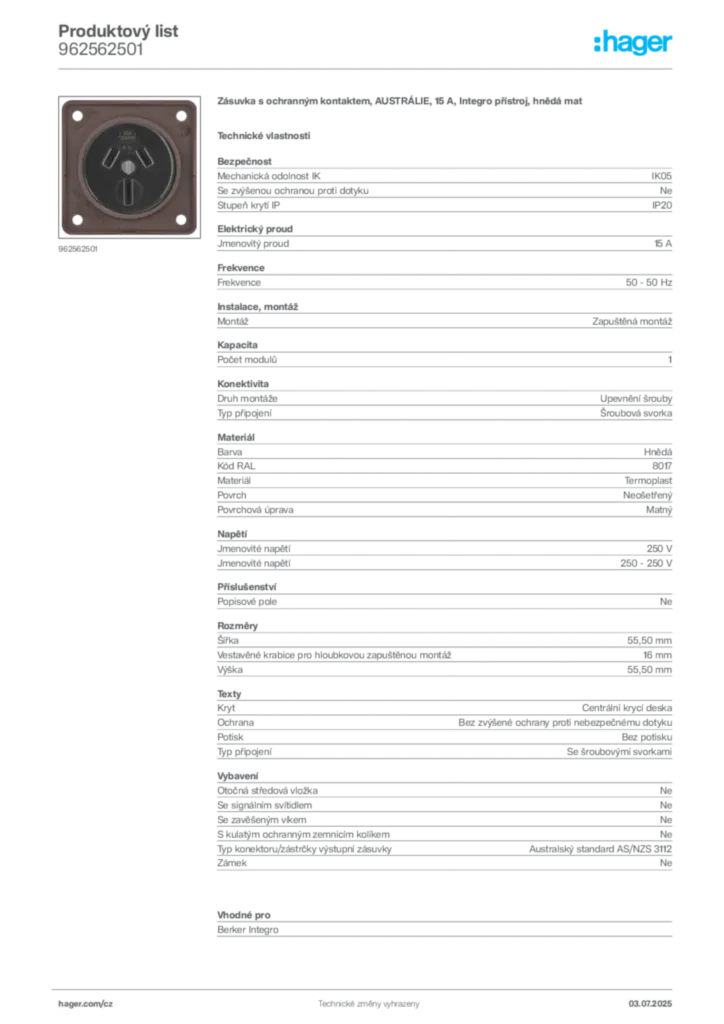 Obrázek Hager Produktový list 962562501 | Hager