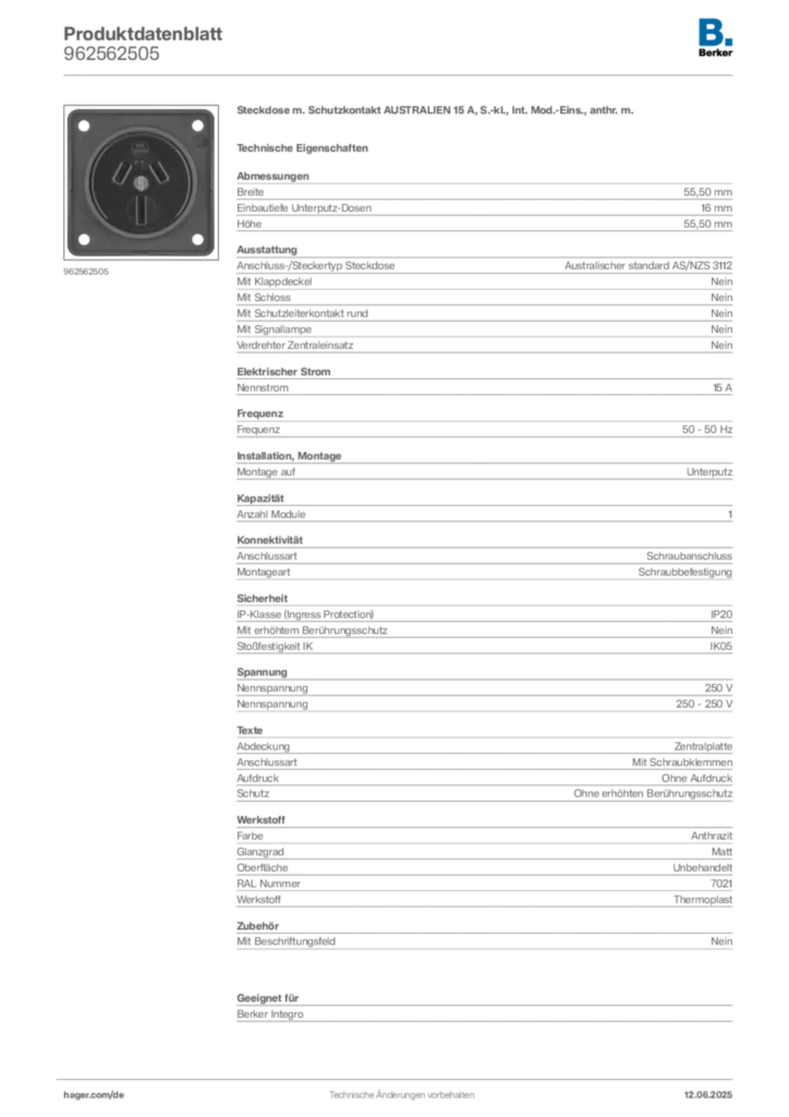 Bild Berker Produktdatenblatt 962562505 | Hager Deutschland