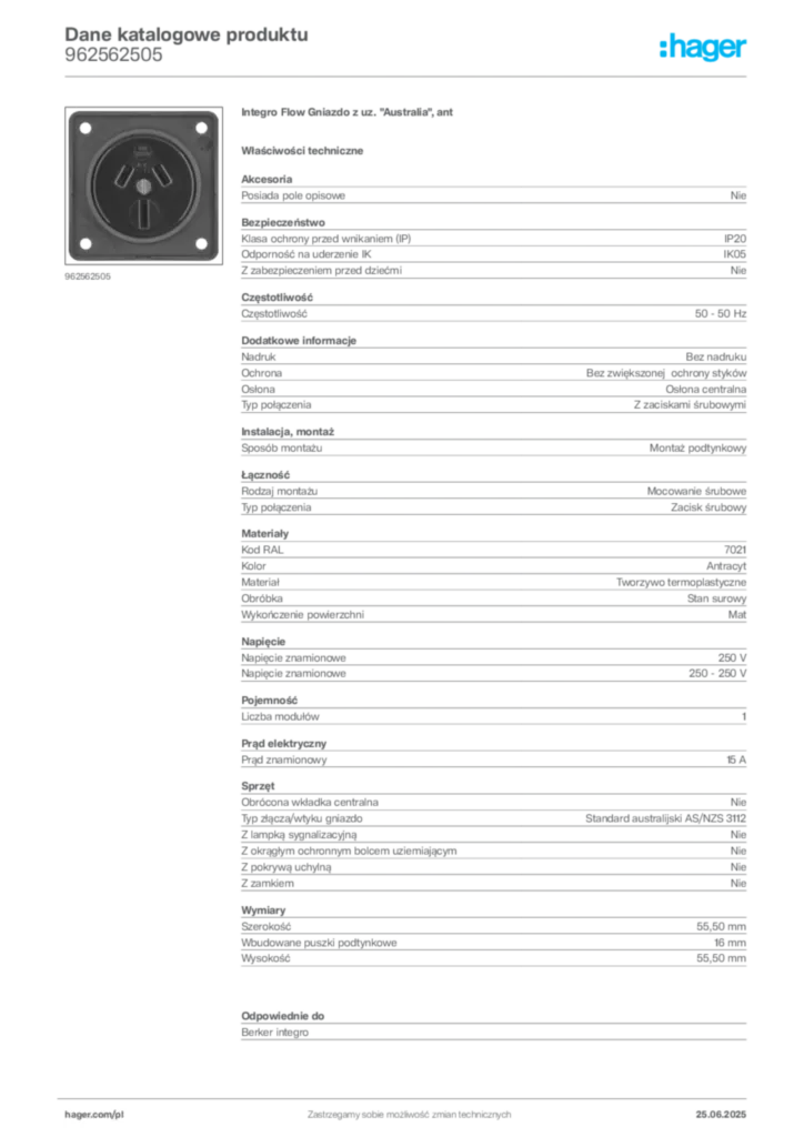 Zdjęcie Hager Karta katalogowa 962562505 | Hager Polska