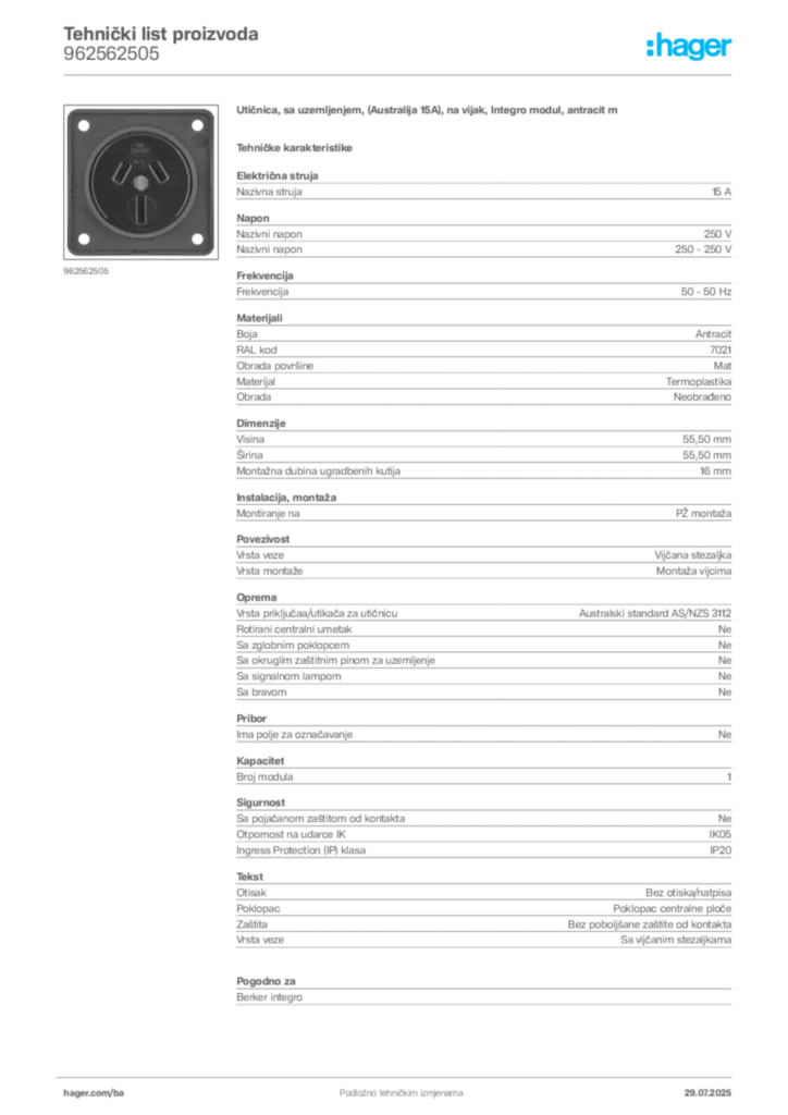 Slika Hager Product data sheet 962562505  | Hager