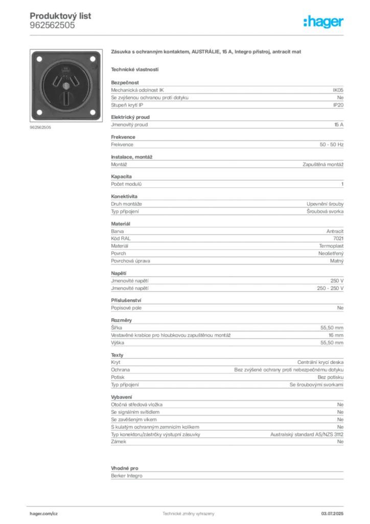 Obrázek Hager Produktový list 962562505 | Hager