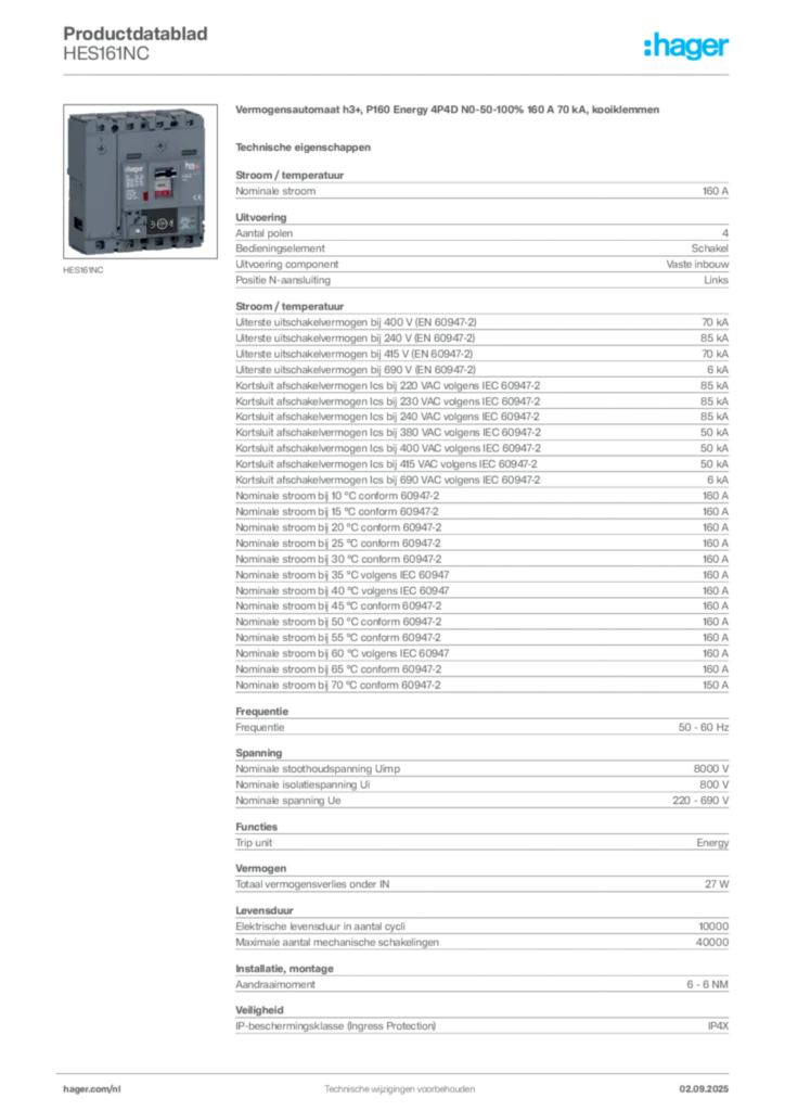 Afbeelding Hager Productdatablad HES161NC | Hager Nederland