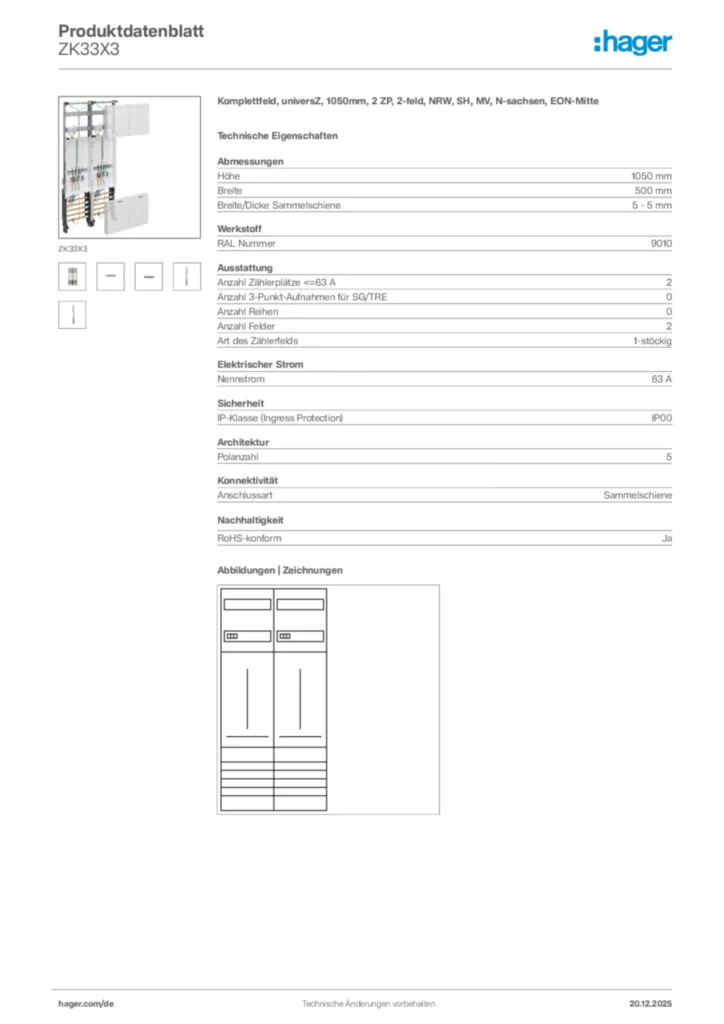 Bild Hager Produktdatenblatt ZK33X3 | Hager Deutschland