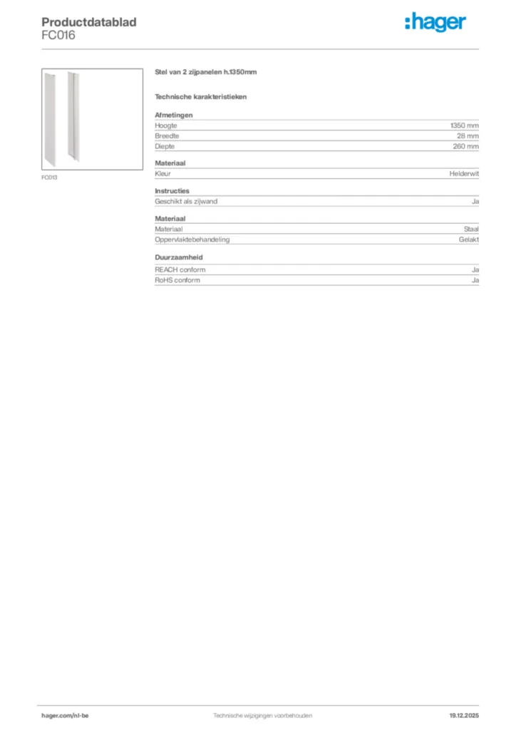 Afbeelding Hager Productdatablad FC016 | Hager Belgium