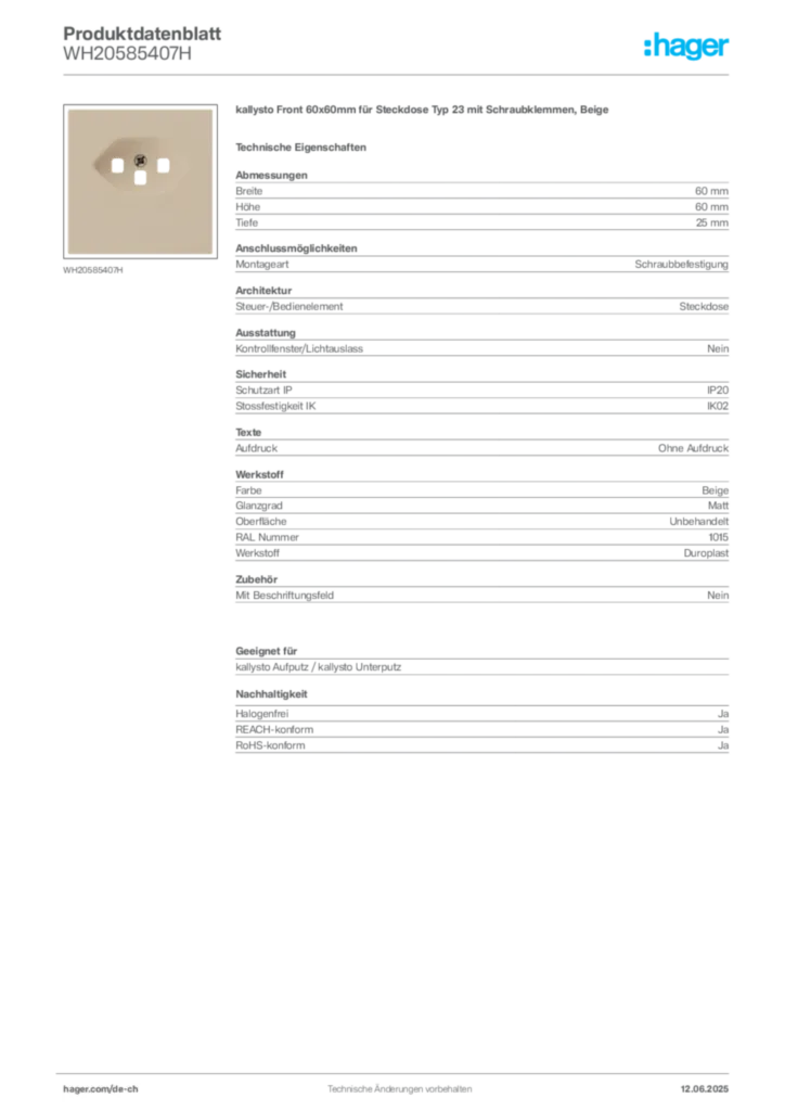 Bild Hager Produktdatenblatt WH20585407H | Hager Schweiz