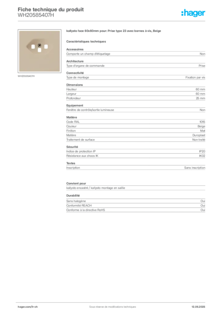 Image Hager Fiche technique du produit WH20585407H | Hager Suisse