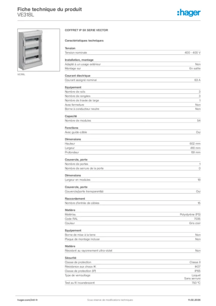 Image Hager Fiche technique du produit VE318L | Hager Afrique