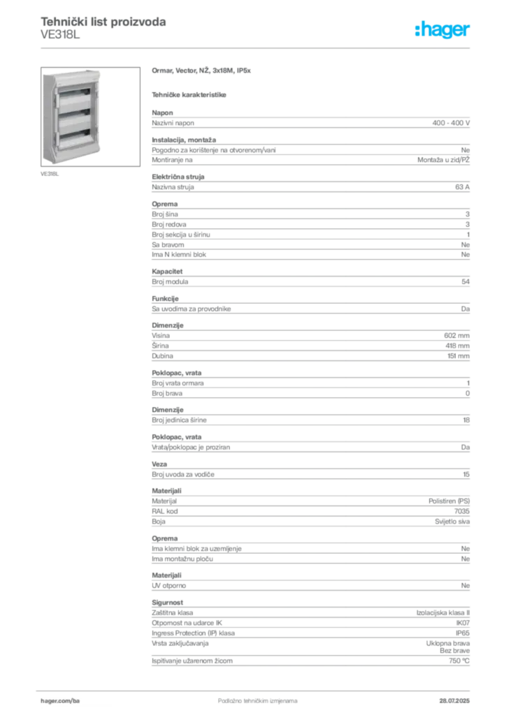Slika Hager Product data sheet VE318L  | Hager