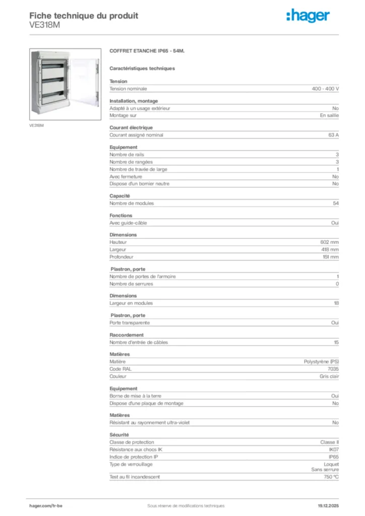 Image Hager Fiche technique du produit VE318M | Hager Belgique