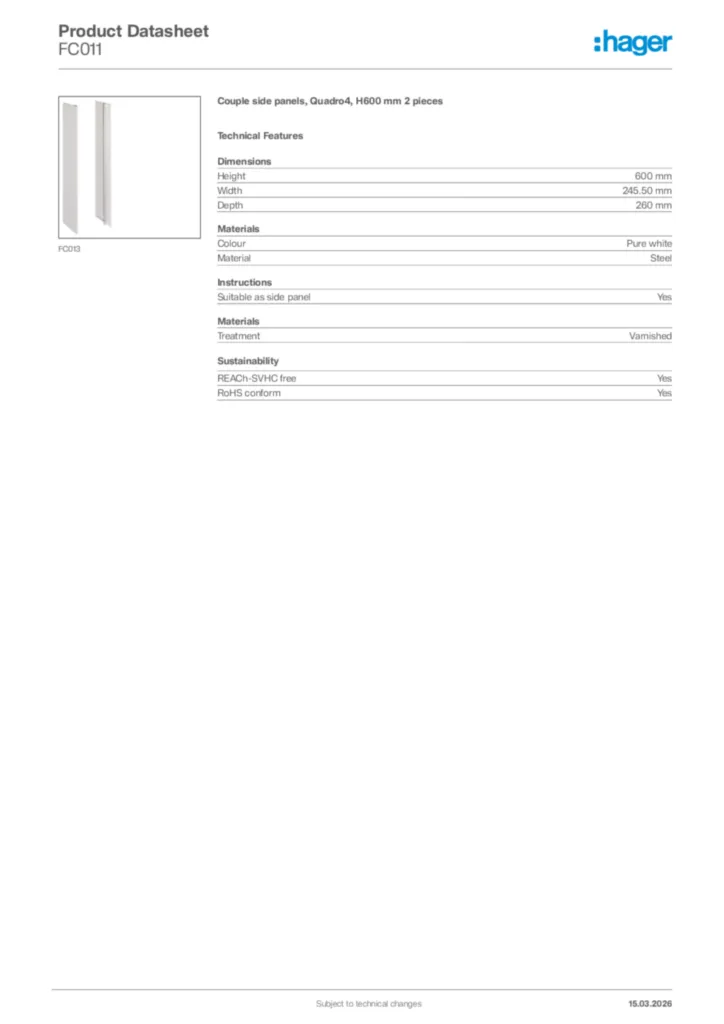 Image Hager Product data sheet FC011  | Hager Africa