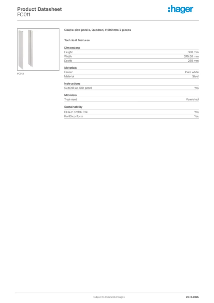 Image Hager Product data sheet FC011  | Hager Africa