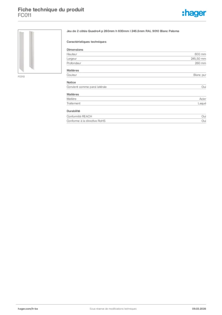 Image Hager Fiche technique du produit FC011 | Hager Belgique