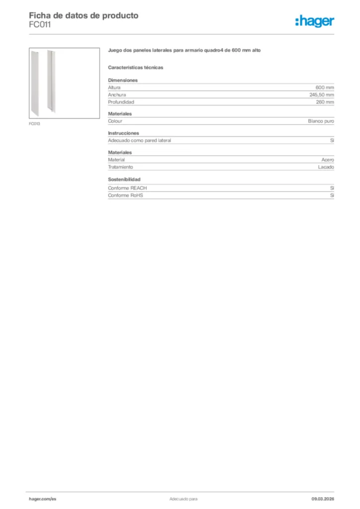 Imagen Hager Ficha de datos de producto FC011 | Hager España