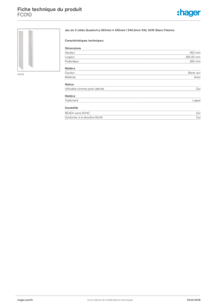 Image Hager Fiche technique du produit FC010 | Hager France