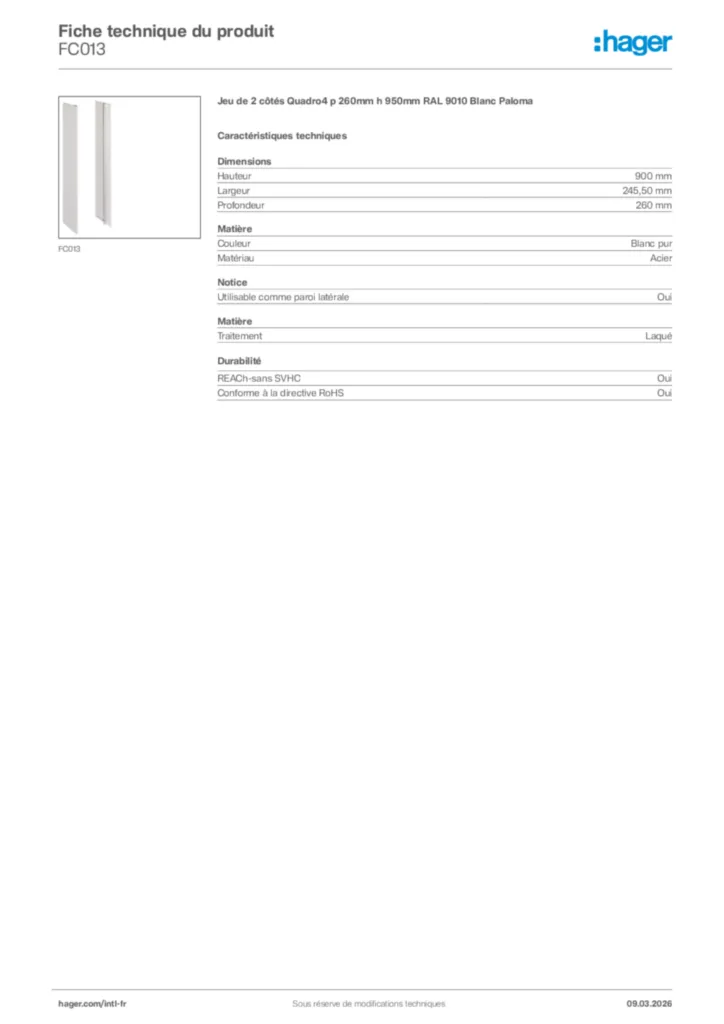 Image Hager Fiche technique du produit FC013 | Hager Afrique