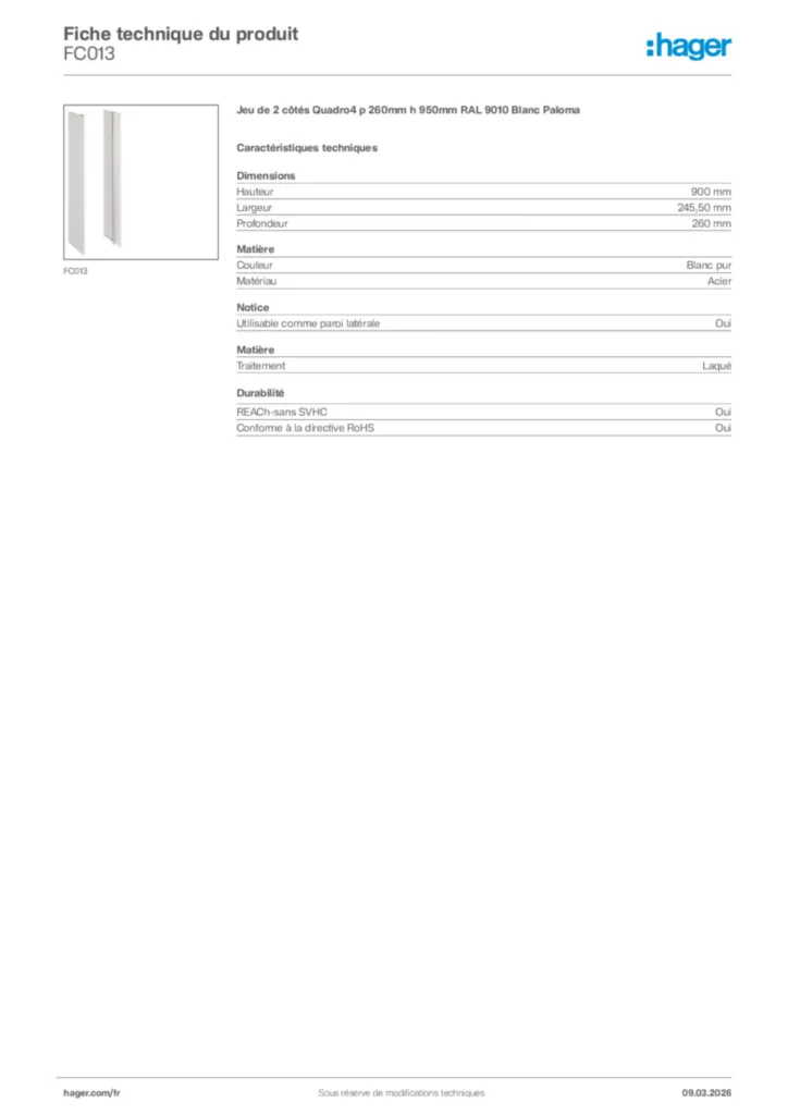 Image Hager Fiche technique du produit FC013 | Hager France