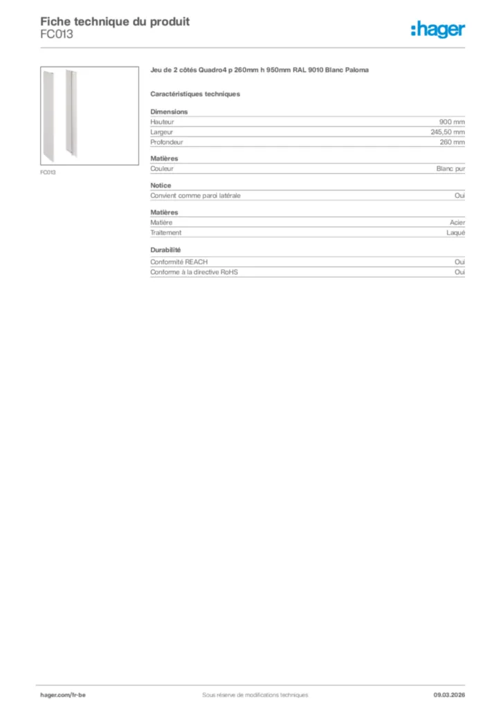 Image Hager Fiche technique du produit FC013 | Hager Belgique