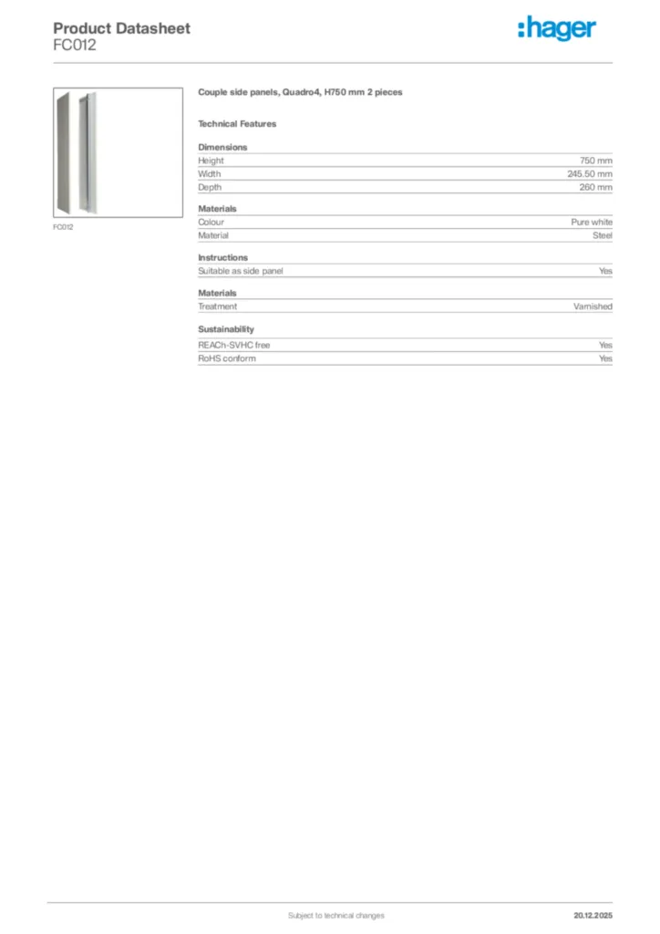 Image Hager Product data sheet FC012  | Hager Africa