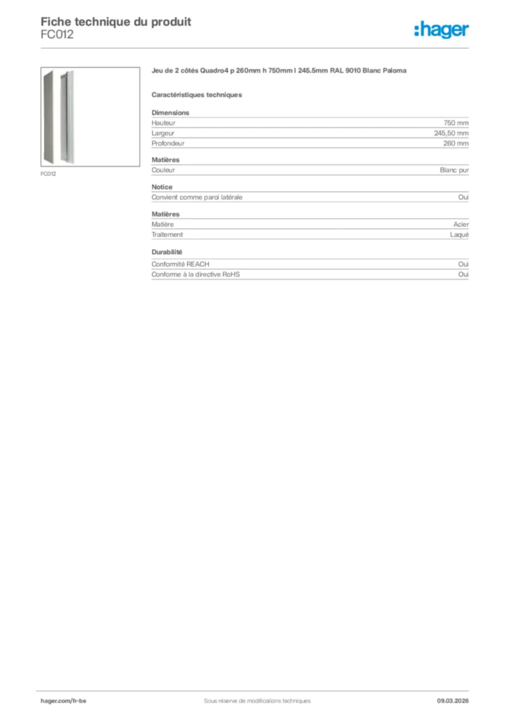 Image Hager Fiche technique du produit FC012 | Hager Belgique