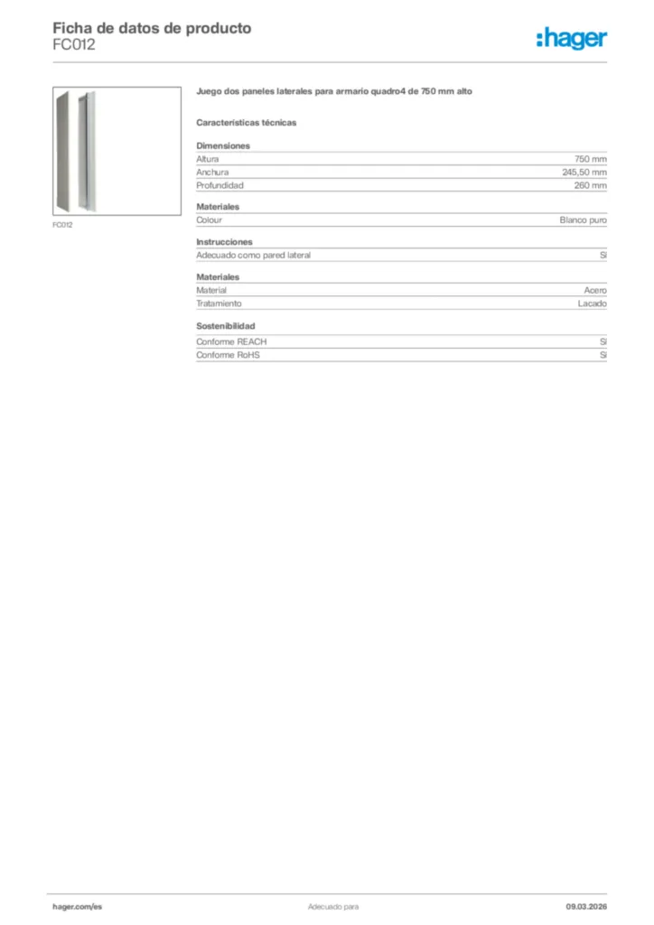 Imagen Hager Ficha de datos de producto FC012 | Hager España