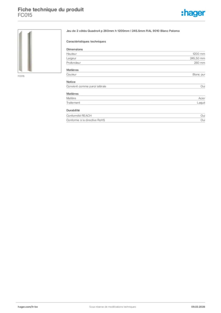 Image Hager Fiche technique du produit FC015 | Hager Belgique