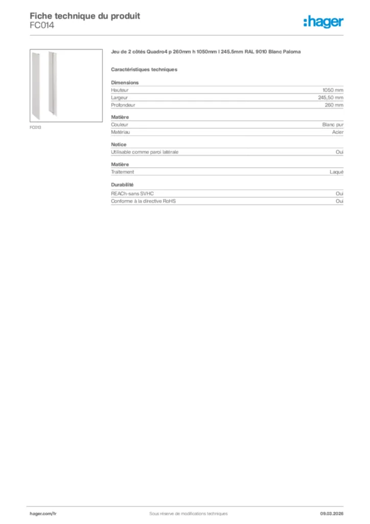 Image Hager Fiche technique du produit FC014 | Hager France