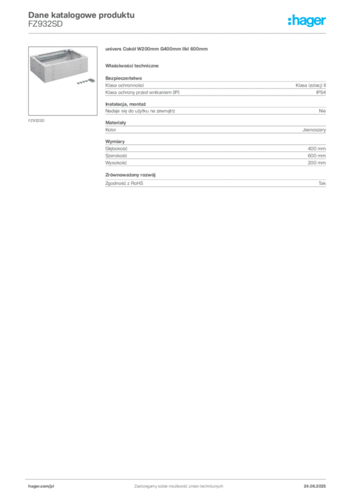 Zdjęcie Hager Karta katalogowa FZ932SD | Hager Polska
