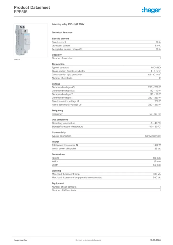 Image Hager Product data sheet EPE515  | Hager Australia