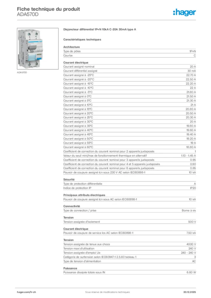 Image Hager Fiche technique du produit ADA570D | Hager Suisse